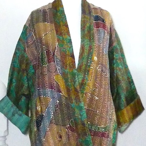 Free size reversible Kantha stitch silk jacket with pockets