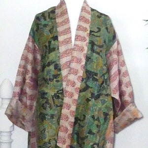 Free size reversible Kantha stitch silk jacket with pockets
