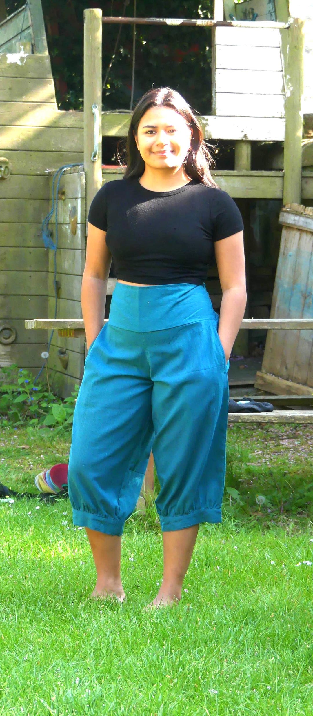 Teal Cotton Flax Capri Pants: Elastic Waist Yoga Cropped Pants - Etsy