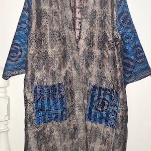 Reversible Silk Kantha Stitch Duster Coat with Pockets - Free Size