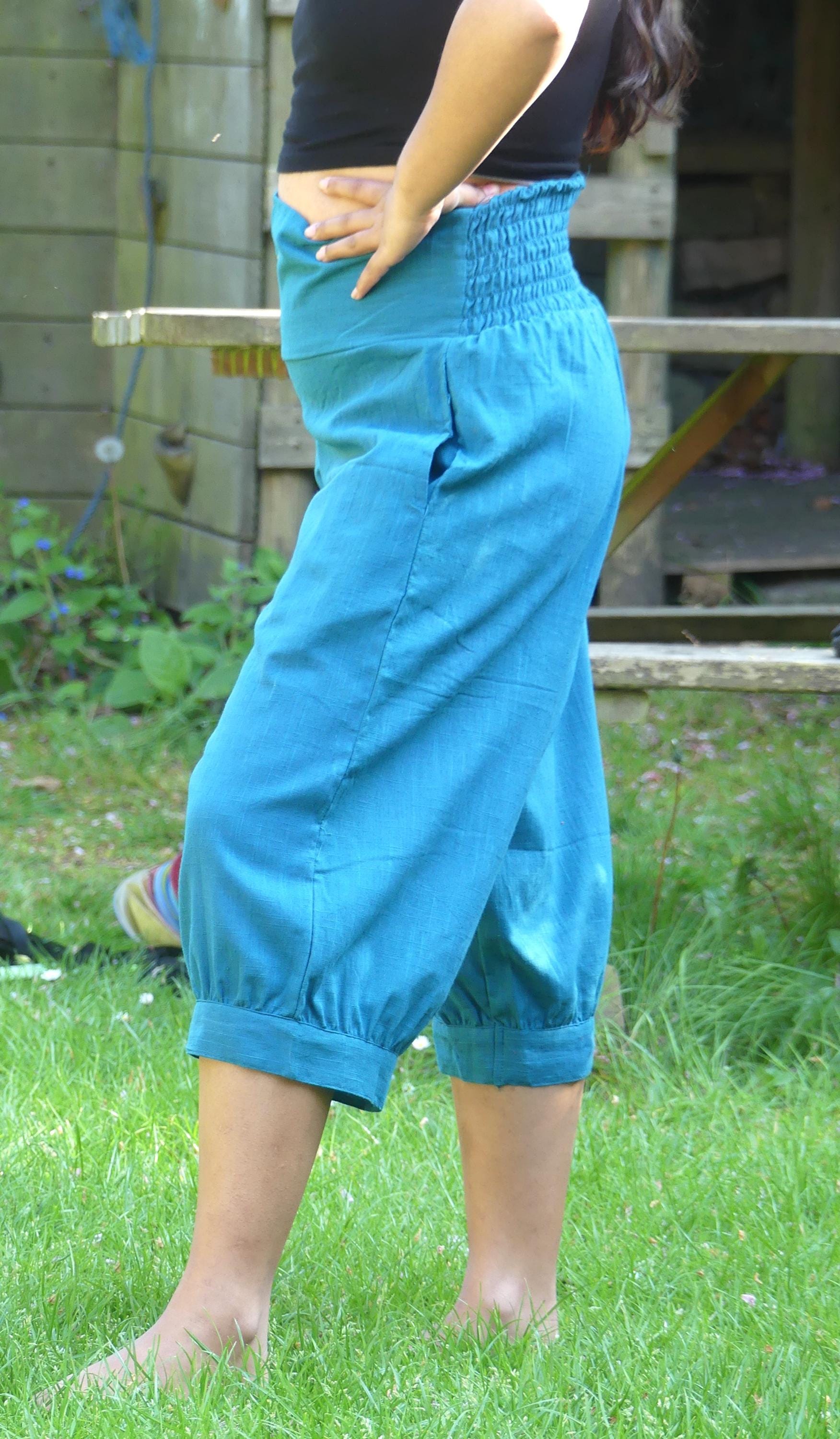Teal Cotton Flax Capri Pants: Elastic Waist Yoga Cropped Pants - Etsy