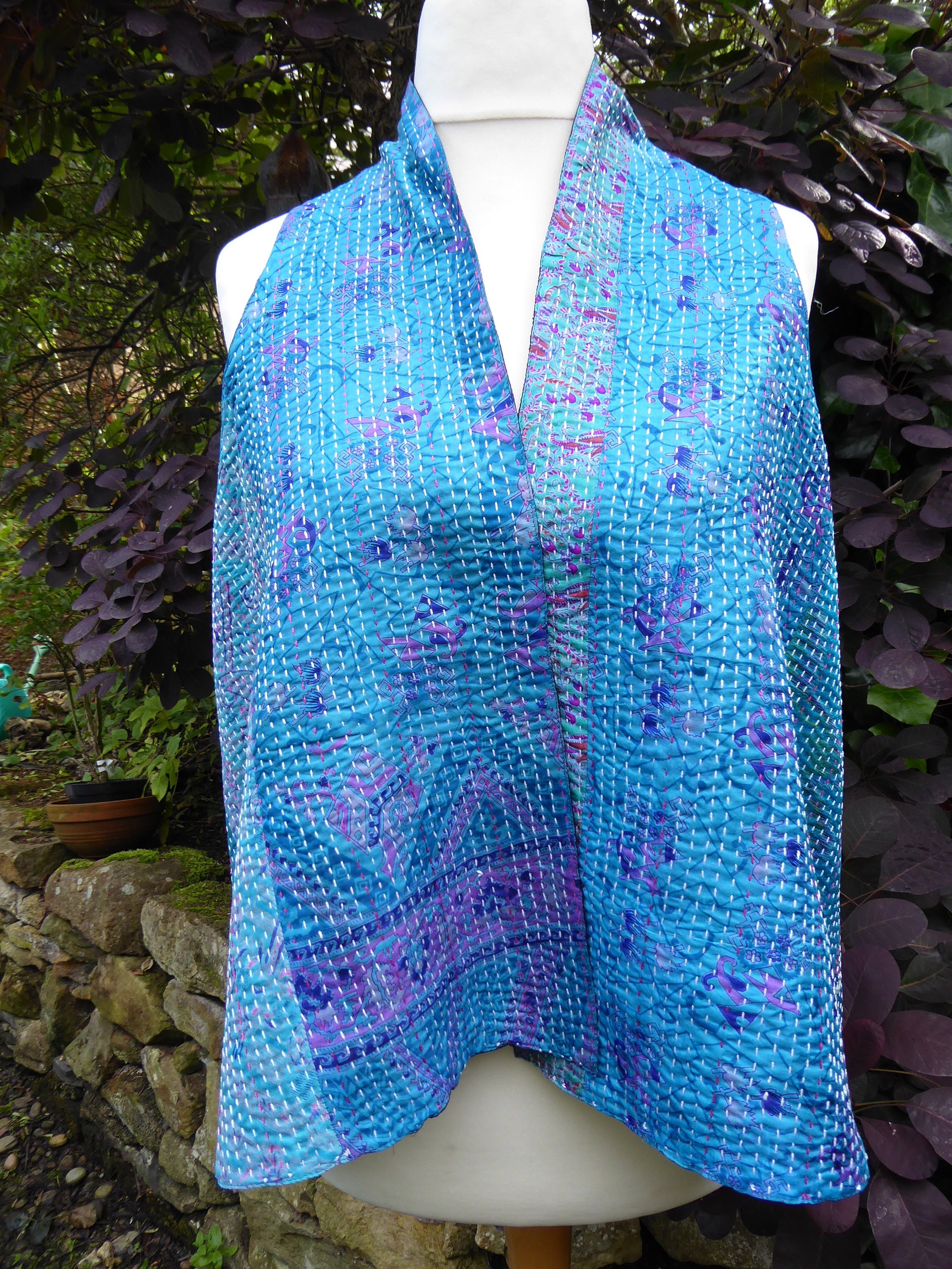 Image of Beautiful Reversible Bias Cut Kantha Silk Waistcoat/Vest Size / | Uk
