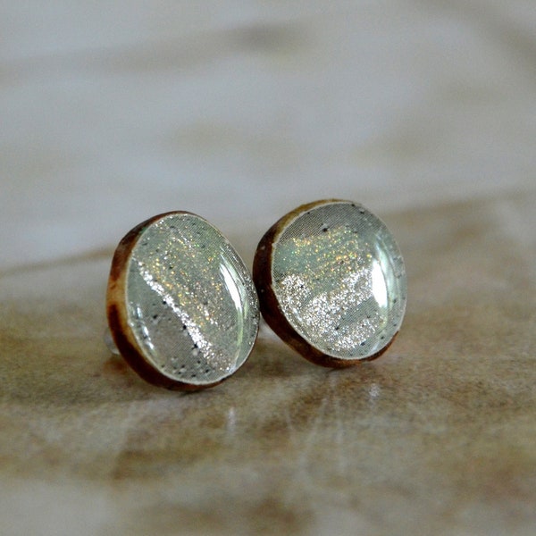 silver pearly wooden earrings, surgical steel earings, stud earrings, wood resin ear studs 62