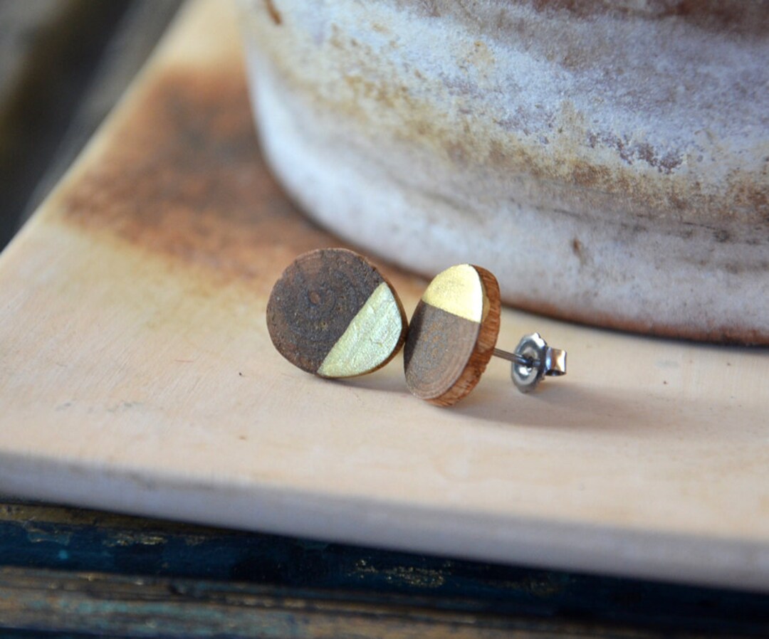 Gold Dipped Wooden Earrings Brown Studs Unique Raw Oiled Wood Etsy