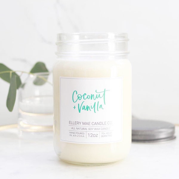 Coconut + Vanilla - 12oz 100% soy candle in reusable jar, Summer