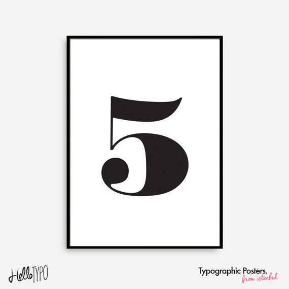 Bedroom Wall Decor Number One Typography Print Black and White. Numbers Poster Swiss Numbers Scandinavian Typography