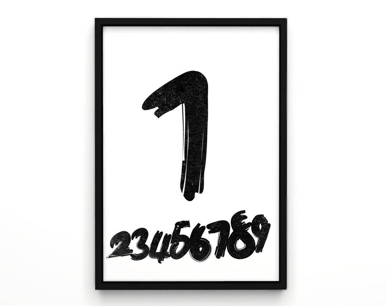 Bedroom Wall Decor Number One Typography Print Black and White. Numbers Poster Swiss Numbers Scandinavian Typography