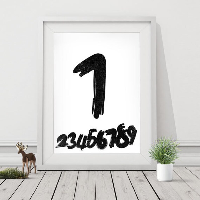 Bedroom Wall Decor Number One Typography Print Black and White. Numbers Poster Swiss Numbers Scandinavian Typography