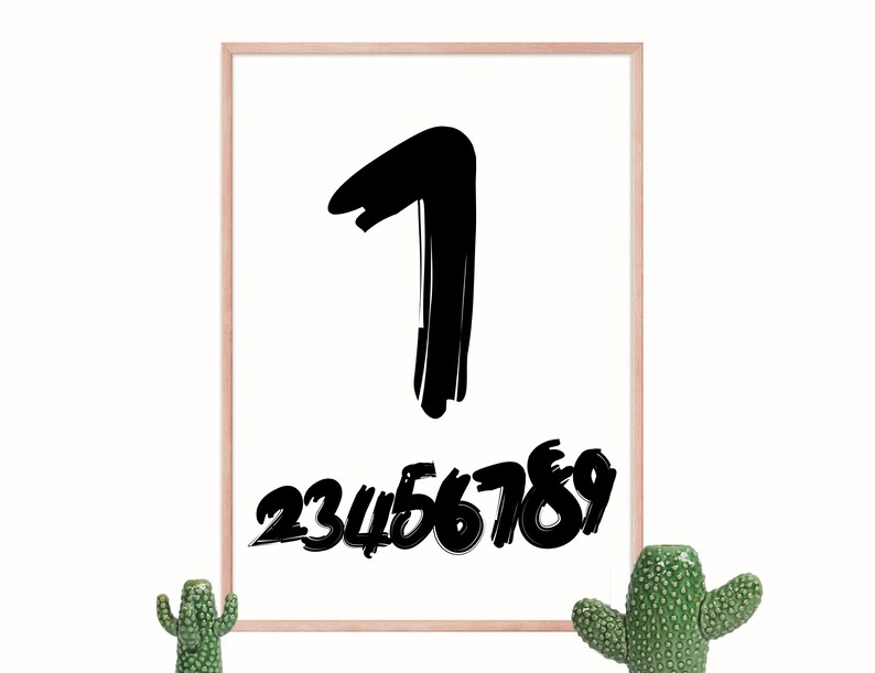 Bedroom Wall Decor Number One Typography Print Black and White. Numbers Poster Swiss Numbers Scandinavian Typography