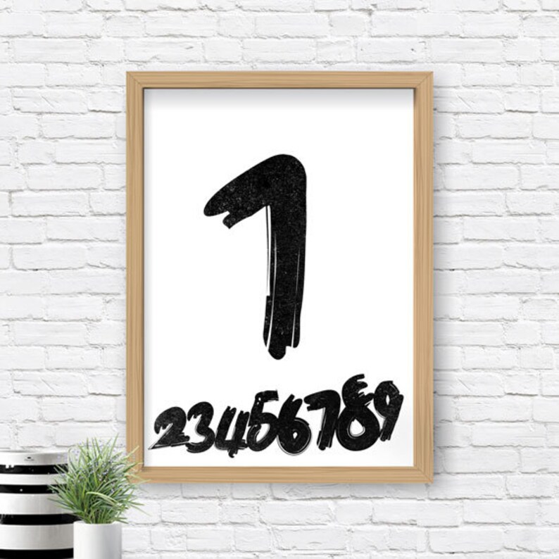Bedroom Wall Decor Number One Typography Print Black and White. Numbers Poster Swiss Numbers Scandinavian Typography