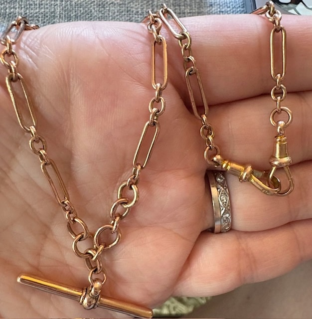Antique Edwardian 9ct Rose Gold Trombone Fetter Link Albert Watch Chain With 2 Dog Clip Clasps and T bar. 15.25 Inches. Etsy UK