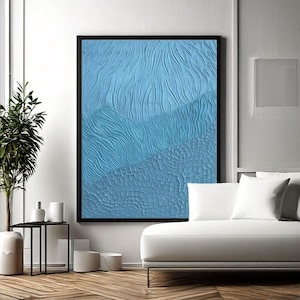 Pintura abstracta minimalista 3D Wabi-Sabi sobre lienzo | Arte de pared con textura pesada en tonos azules | Decoración del hogar moderna