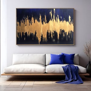 Pintura al óleo abstracta dorada sobre lienzo | Arte de pared con textura original grande | Decoración de sala de estar azul ultramar