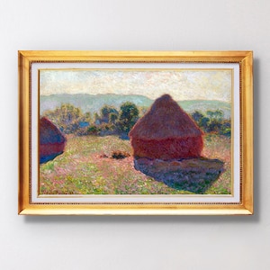 Peut inclure: Une peinture représentant un champ avec des meules de foin au premier plan. Les meules de foin sont peintes en rouge et brun vifs, avec un style doux et impressionniste. L'arrière-plan est un bleu et un vert brumeux, suggérant un paysage lointain.