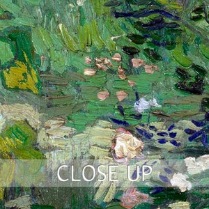 May include: A close-up of an oil painting depicting a green and blue landscape with white and pink flowers. The brushstrokes are visible, creating a textured effect.