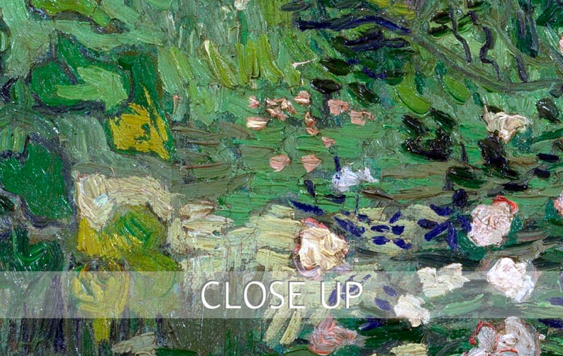 May include: A close-up of an oil painting depicting a green and blue landscape with white and pink flowers. The brushstrokes are visible, creating a textured effect.