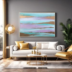 Impresionante lila | Turquesa | Impresión abstracta de la lona del oro | Chic minimalista con toque nacarado |  decoración de la pared
