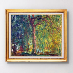 Puede incluir: Pintura enmarcada de un sauce llorón. La obra presenta una paleta de colores vibrantes de verdes, azules y amarillos, con un prominente tronco de árbol de color marrón rojizo. La pintura está encerrada en un marco dorado.