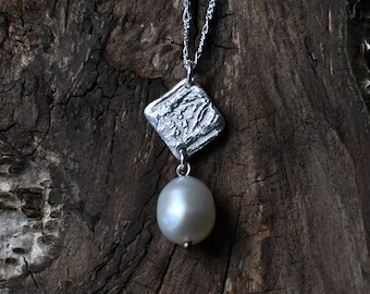 Sterling Silver Pearl Charm Necklace: Textured Artisan Pendant