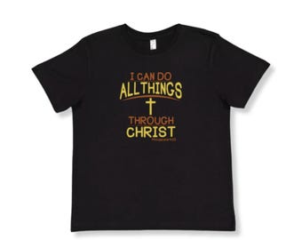 Todo lo puedo en Cristo - Camiseta cristiana para niños grandes - Negro