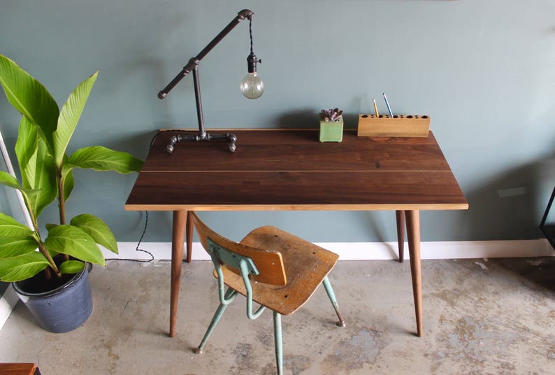 Modern Computer Desk Home Office Solid Walnut Wood Writing Table Mid Century