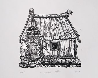 Original linocut print 'Hut' in black