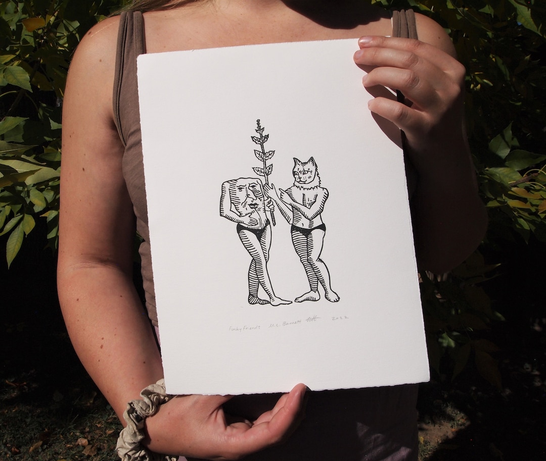 Original Linocut Art Print funky Friends Etsy