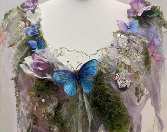 Beautiful Art to wear Forest Nymph Ethereal dress! Made with love, a huge otherworldly imagination. Cascading lace,beads,butterflies. Size M