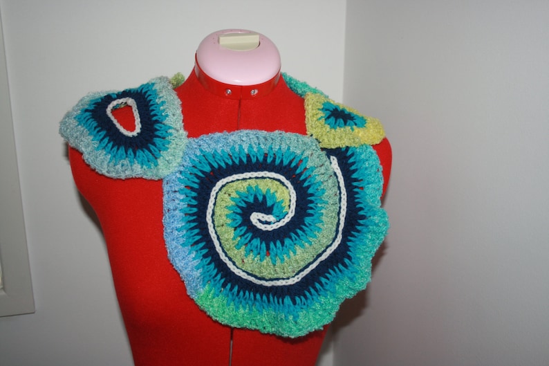 Unique Beautiful Blue Aqua Spiral Freeform Crochet Capelet Ready to ship. One Of A Kind Wearable Art