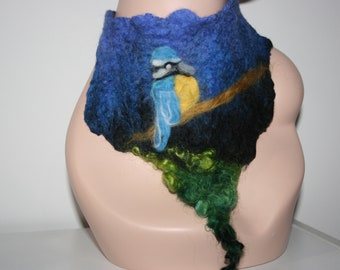 Beautiful Woodland Needle Felted Blue Tit Bird Neck Warmer Necklace. Soft Merino Wool. Ties up at back. Wet Felted necklace. Art to wear.