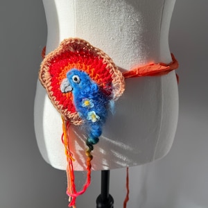 Art to wear Bird belt/neck piece. Crocheted square Bohemian style Belt with bird, flowers. OOAK Wearable Art. Romantic Woodland. Ties up.