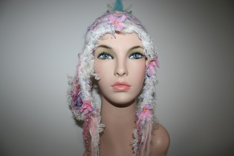 Small Fluffy soft Freeform crochet Hat. Made With My Hand spun art yarn