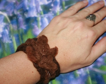 Woodland Nymph Folk Leaf Felted Bracelet Wrist Cuff. OOAK Wearable Art. Leaf Pattern. Brown with lighter brown Leaves.Pixie Fairy Accessory.