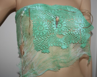 Ethereal Mermaid top. Art textured top with curls and lace detail. Altered couture. OOAK Art yarn. Gorgeous pastel colours. Size adjustable.