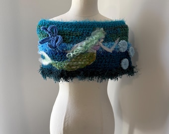 Beautiful Freeform Mermaid Shawl!  Crocheted and needle felted! Embellished shawl! Textile art. OOAK unique painting with wool to wear!