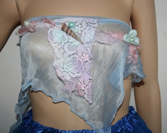 Beautiful Mermaid top. Light Fairy top with silk flower and lace detail. Altered couture. OOAK. Gorgeous pastel colours. Size adjustable.