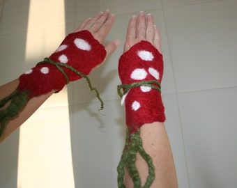 Fun Felted Toadstool Wrap around Gauntlets. Woodland Wrist Warmers. Felted Arm cuffs.OOAK Wearable Art.Festival. Felted Clothing.