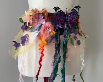 Beautiful Woodland Fairy tale Felted Belt with bird, butterfly, flowers, vines, Cascading effect. OOAK Wearable Art. Romantic Boho Woodland