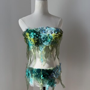 Beautiful Forest Fae Moss Fairy tale Ethereal Outfit. Top and Skirt Belt with butterfly, flowers, vines, Cascading effect.OOAK Wearable Art.
