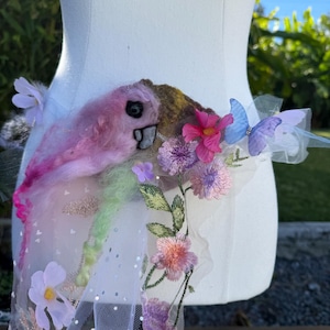 Art to wear Bird belt/neck piece. Felted Bohemian Belt with bird, flowers, vines, Cascading effect. OOAK Wearable Art. Romantic Woodland.