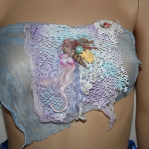 Beautiful Mermaid top. Light Fairy top with silk flower and lace detail. Altered couture. OOAK. Gorgeous pastel colours. Size adjustable. image 1