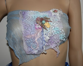 Beautiful Mermaid top. Light Fairy top with silk flower and lace detail. Altered couture. OOAK. Gorgeous pastel colours. Size adjustable.