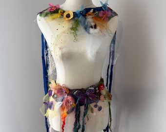 Custom Made To Order- Animal/Theme of your choice felted ensemble. Neck piece with matching belt. Cascading wool curls and flowers. OOAK Art