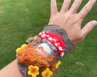 Felted Toadstool and flowers Bracelet Wrist Cuff. OOAK fairy tale Wearable Art. Pixie Fairy Accessory. Fairycore. Toadstool. Ties up.