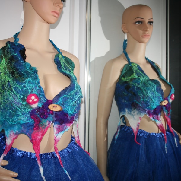 Nuno Felted Toadstool Fairy Top. OOAK Wearable Art. Ready to send. Soft Merino wool. blue and pink.Size adjustable.Ties up at neck and back.