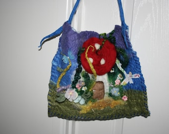 Beautiful Fairy Toadstool house Felted Bag. Needle felted, embellished detail.Soft Australian Merino wool.OOAK. Art to wear. Fairy on swing.