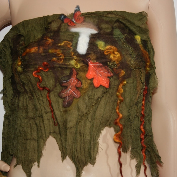 Nuno Felted Woodland Goddess Top. Leaves and toadstool Top. OOAK Wearable Art. Ready to send. Soft Merino wool. Green, orange and brown.