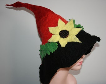 Felted Christmas Elf Hat! Woodland Folk Felted Pixie Fairy Hood Hat. OOAK Wearable Art. Soft Merino wool. Wet Felted Sunflower. Red, green.