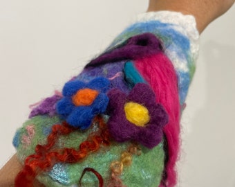 Woodland Folk Needle Felted Humming Bird Bracelet Wrist Cuff gauntlet style. OOAK Wearable Art. Blue. Pixie Fairy Accessory.