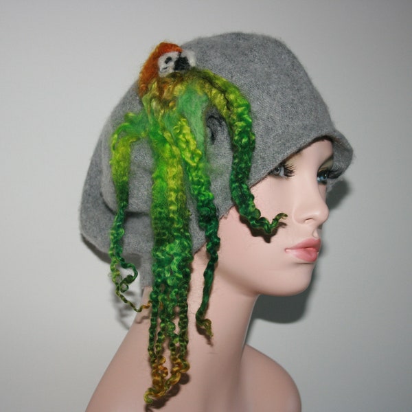 Beautiful needle felted Parrot Beret. Embellished with hand dyed wool curls. OOAK Wearable Art. Soft Merino wool. Hand made. Bird hat.